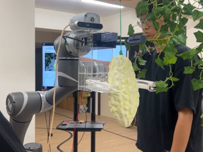 協作機器人透過影像辨識判斷苦瓜可出手採收圖片
